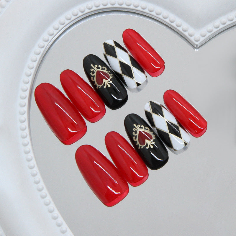 Mystical Hearts Long Oval Red Black and White Press On Nail Set with Glamorous Gold Accents