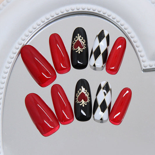 Vintage Glamour Long Oval Shaped Red Black and White Nail Set with Elegant Heart and Harlequin Designs