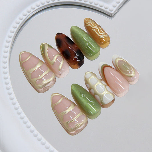 Nature Inspired Organic Long Almond Green and Terracotta Artisanal Press On Nail Set with Elegant Gold Detailing