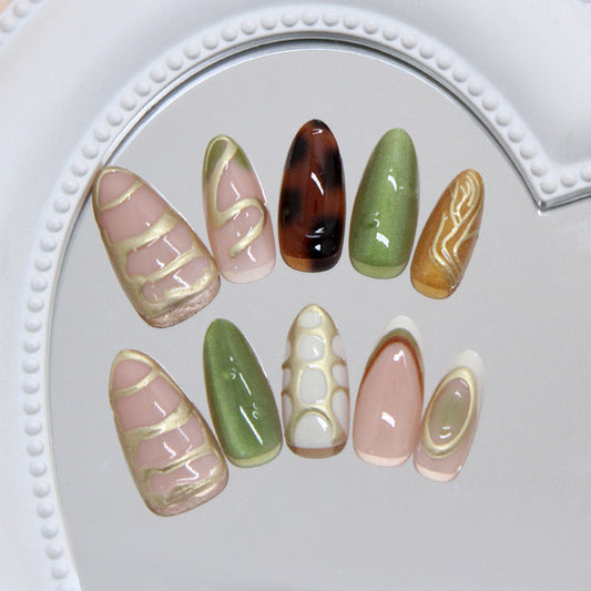 Nature's Elegance Long Almond Green and Pink Press-On Nail Set with Unique Swirl and Speckle Designs