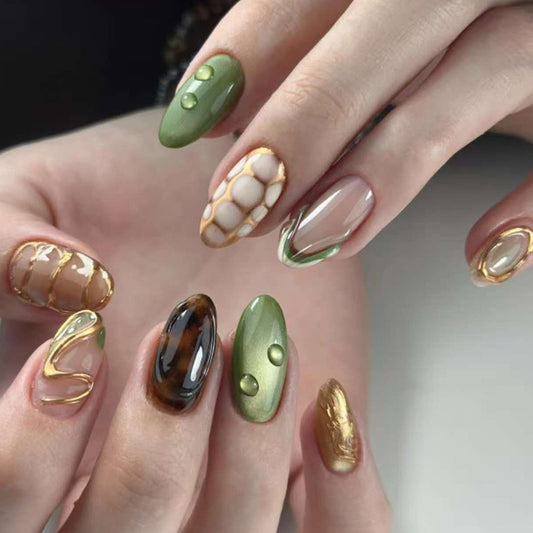 Nature's Elegance Glossy Long Almond Green Floral Waterdrop Press On Nail Set