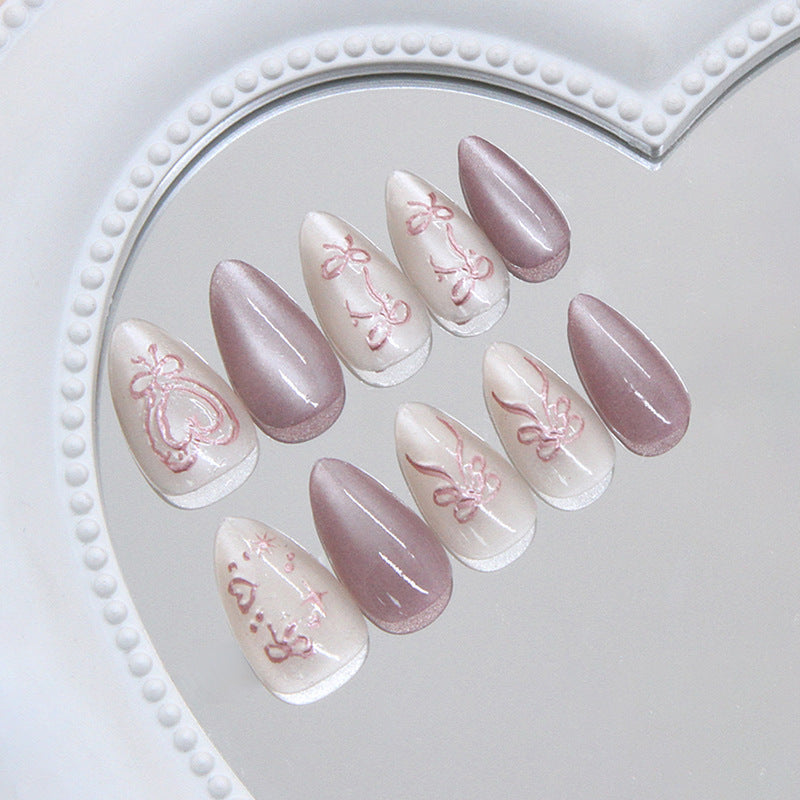 Whimsical Elegance Medium Almond Blush Pink and Soft White with Intricate Floral Design Press On Nail Set