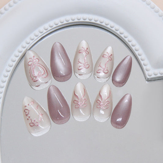 Whimsical Elegance Medium Almond Mellow Pink and White Ombre with Delicate Bow Details Press On Nail Set
