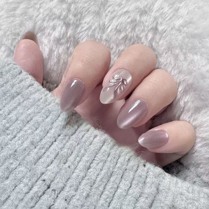 Whimsical Elegance Medium Almond Pink with Leaf Design Press on Nail Set