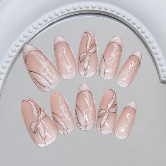 Elegant Whisper Long Almond Blush Pink Press-On Nail Set with Delicate Ribbon Design