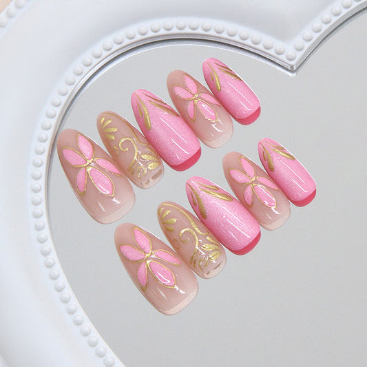 Blossoming Elegance Long Almond Pink with Gold Floral Design Press On Nail Set