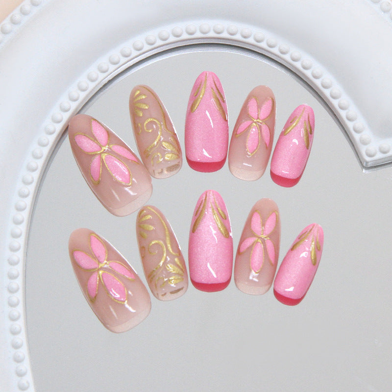 Whimsical Blossom Long Almond Pink Floral Nail Set with Golden Accents