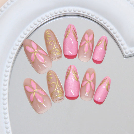 Whimsical Blossom Long Almond Pink Floral Nail Set with Golden Accents