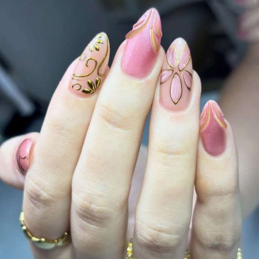Elegant Garden Inspired Long Almond Shaped Pink Nails with Intricate Golden Floral Designs