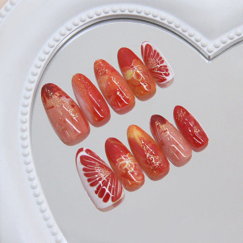 Radiant Autumn Bliss Long Almond Red Ombre Nails with Exquisite Floral Designs