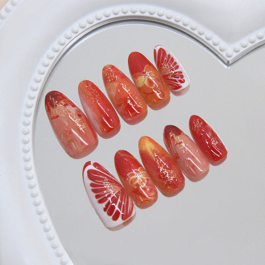 Radiant Autumn Bliss Long Almond Red Ombre Nails with Exquisite Floral Designs