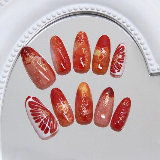 Vibrant Sunset Long Almond Shape Glossy Red Press On Nail Set with Floral Accents