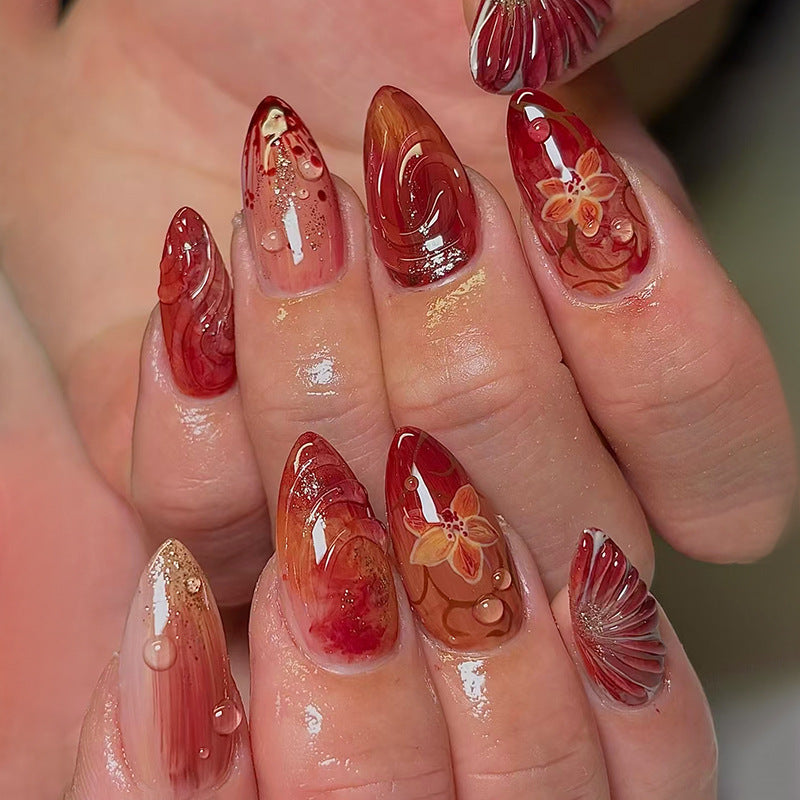 Elegant Garden Fantasy Long Almond Red Floral Press-On Nail Set with Glossy Finish