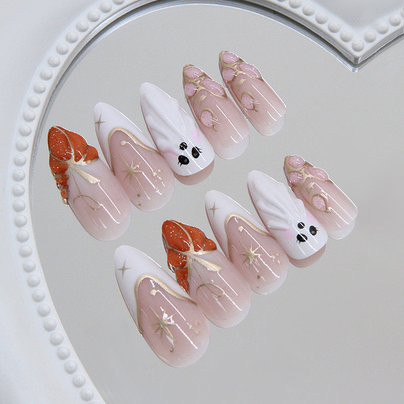 Mystical Elegance Long Almond Coral and White Press On Nail Set with Whimsical Ghost and Star Designs