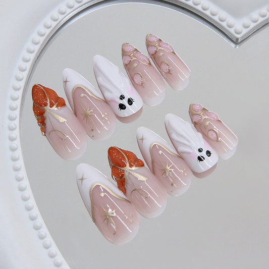 Mystical Elegance Long Almond Coral and White Press On Nail Set with Whimsical Ghost and Star Designs