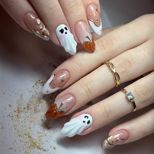 Spooktacular Long Almond Orange and White Ghost Themed Press On Nail Set with Glitter Accents