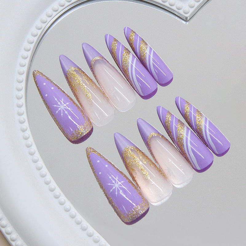 Enchanted Twilight Long Stiletto Purple Gradient Press On Nail Set with Glitter Stripes and Sparkling Accents