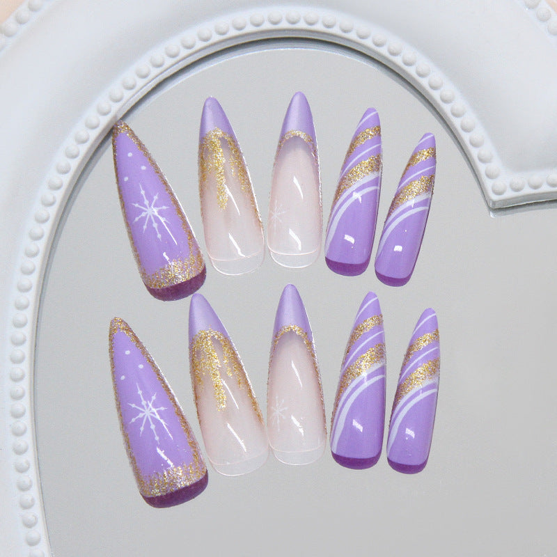 Whimsical Winter Wonderland Long Stiletto Lavender Nails with Glitter Swirls and Sparkling Snowflakes