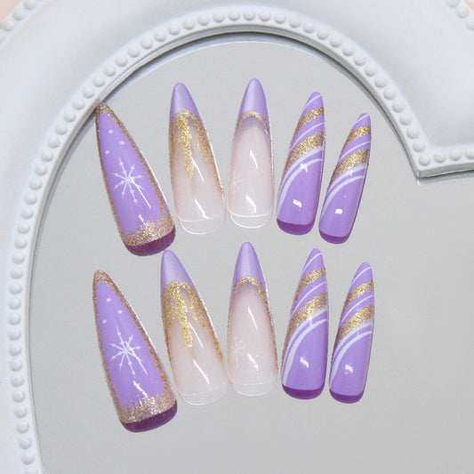 Whimsical Winter Wonderland Long Stiletto Lavender Nails with Glitter Swirls and Sparkling Snowflakes