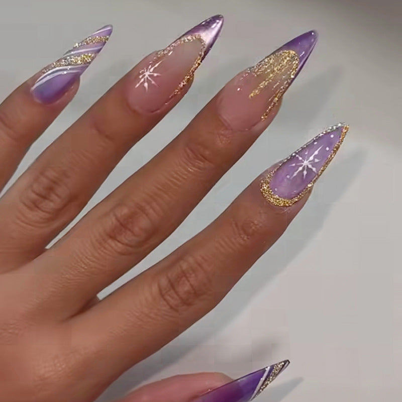 Celestial Glamour Long Stiletto Purple Gradient Press On Nail Set with Glittering Star Accents