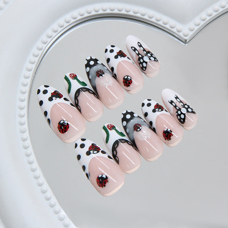 Fairy Garden Elegant Long Almond Shaped Pink and White Ladybug Design Press On Nail Set
