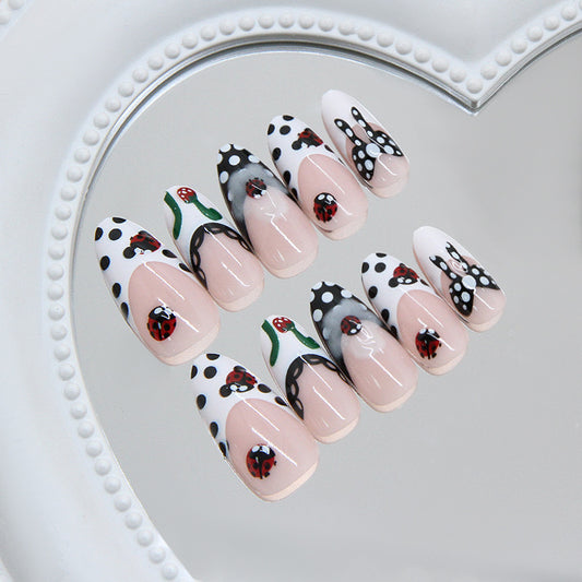 Fairy Garden Elegant Long Almond Shaped Pink and White Ladybug Design Press On Nail Set