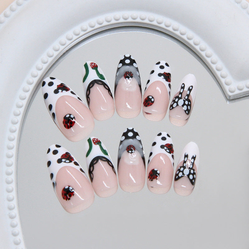 Whimsical Garden Long Almond Shaped Black and White Polka Dot Press On Nail Set with Cute Ladybug Accents