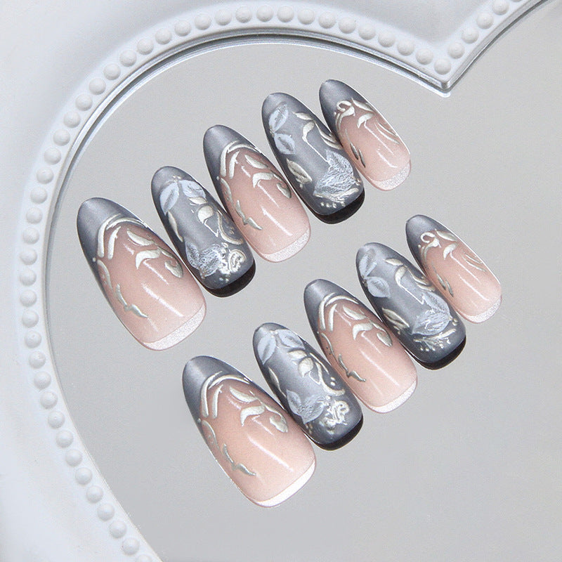 Enchanted Garden Long Almond Shape Grey and Pink Gradient with Elegant Floral Design Press on Nail Set