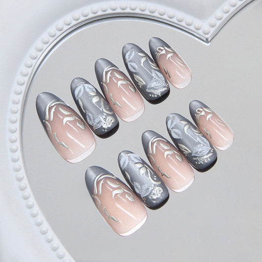 Enchanted Garden Long Almond Shape Grey and Pink Gradient with Elegant Floral Design Press on Nail Set