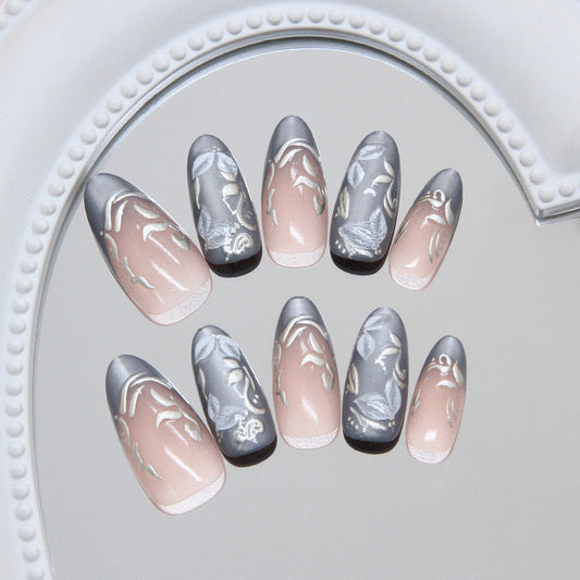 Botanical Elegance Press on Nail Set Long Almond Shape Gray and Beige with Intricate Floral Designs