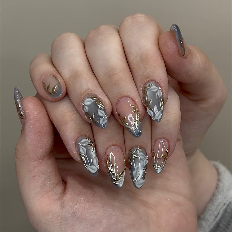 Elegant Marble Design Press On Nail Set Almond Long Almond Shape Grey and Gold Accents