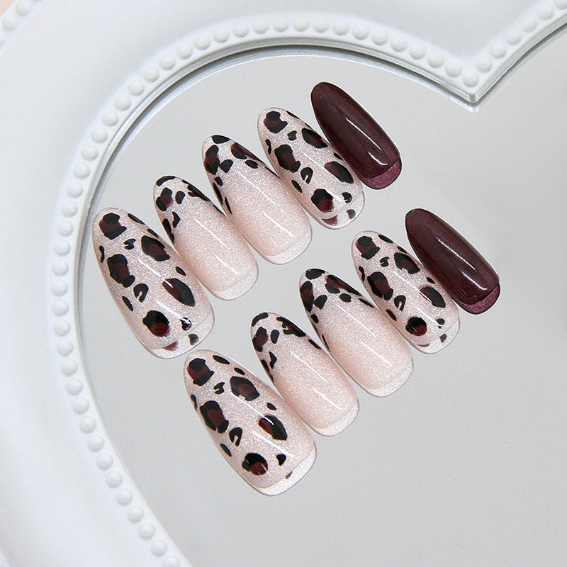 Wild Safari Long Almond Pink and Black Leopard Print Press on Nail Set with Glossy Finish