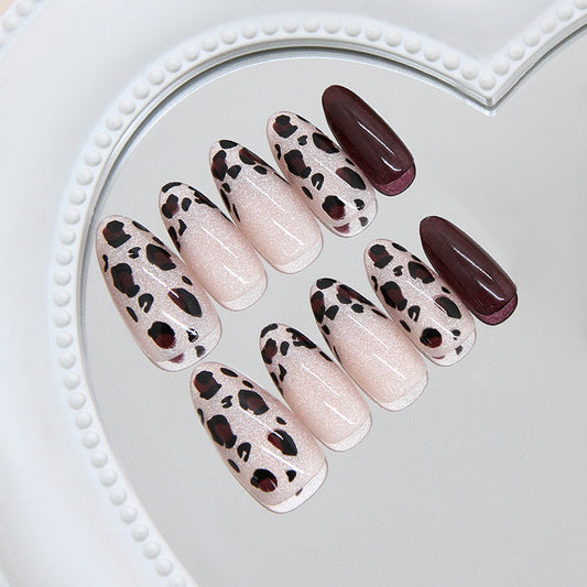 Wild Safari Long Almond Pink and Black Leopard Print Press on Nail Set with Glossy Finish