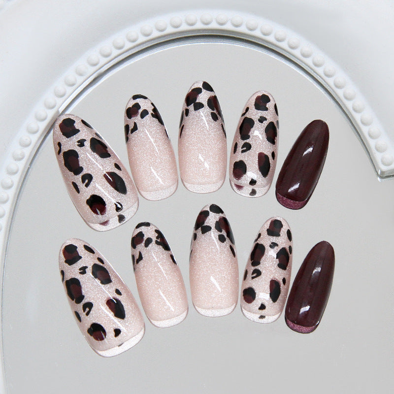 Wild Safari Glamour Long Almond Pink and Brown Leopard Print Nail Set with Glossy Finish