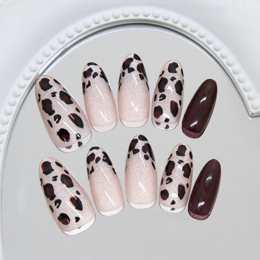 Wild Safari Glamour Long Almond Pink and Brown Leopard Print Nail Set with Glossy Finish