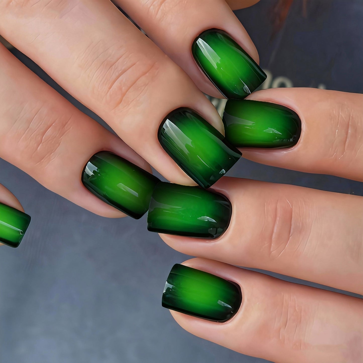 Emerald Enchantment Medium Square Green Ombre Press On Nail Set with Glossy Finish