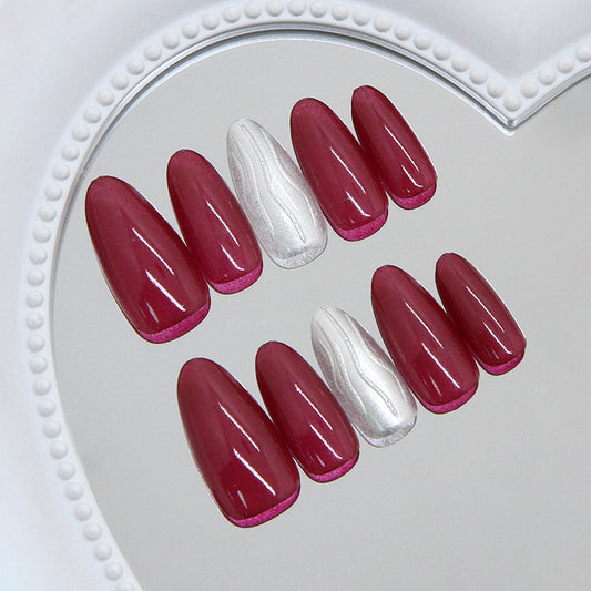 Chic Elegance Long Almond Shaped Burgundy and Silver Marble Press On Nail Set