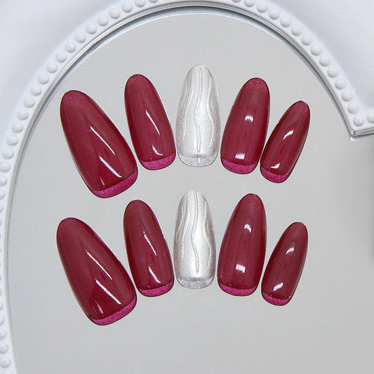 Glamorous Wine and Silver Long Almond Shaped Press-On Nail Set with Unique Marble Accent