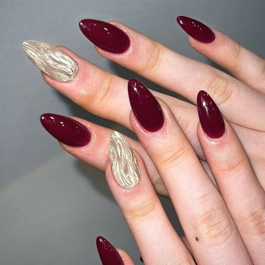 Glamorous Elegance Long Almond Shaped Deep Burgundy with Unique Textured Accent Nail Set