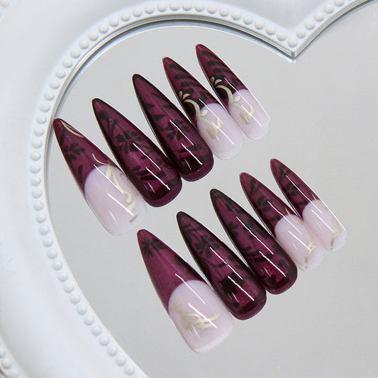 Enchanting Elegance Long Stiletto Burgundy and Pink Press on Nail Set with Delicate Floral Art