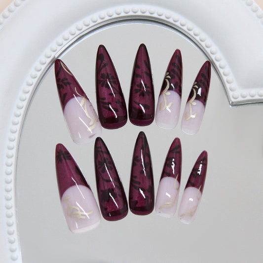 Enchanted Twilight Long Stiletto Shape Burgundy and Pink Press On Nail Set with Elegant Gold Detailing