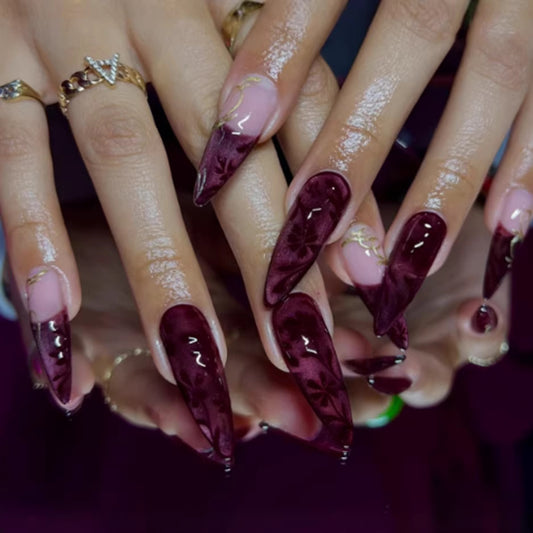 Gothic Elegance Long Stiletto Burgundy Press On Nails with Intricate Floral Design
