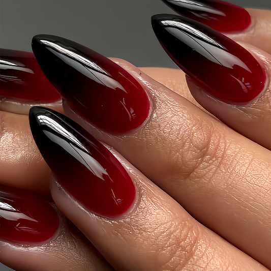 Mystical Elegance Long Almond Ombre Red and Black Press On Nail Set with Glossy Finish