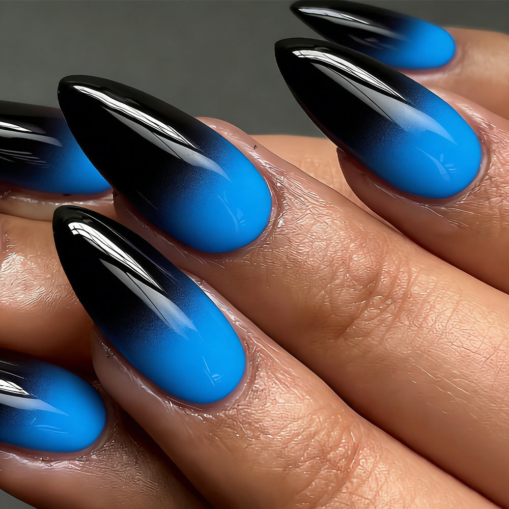 Cosmic Dreams Long Almond Ombre Blue and Black Press On Nails with Color Transition Effect