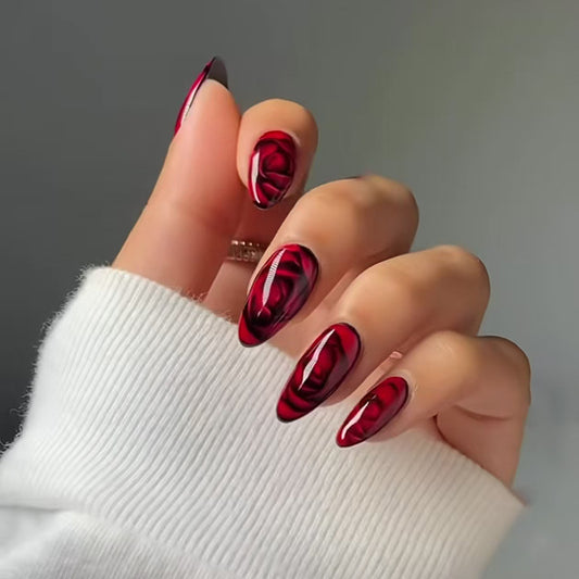 Romantic Rose Themed Long Almond Shaped Deep Red Glossy Press On Nail Set with Intricate Floral Design