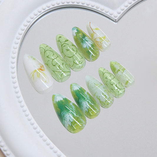 Nature's Elegance Tall Long Almond Green Floral Press-On Nail Set with Shimmering Detailing
