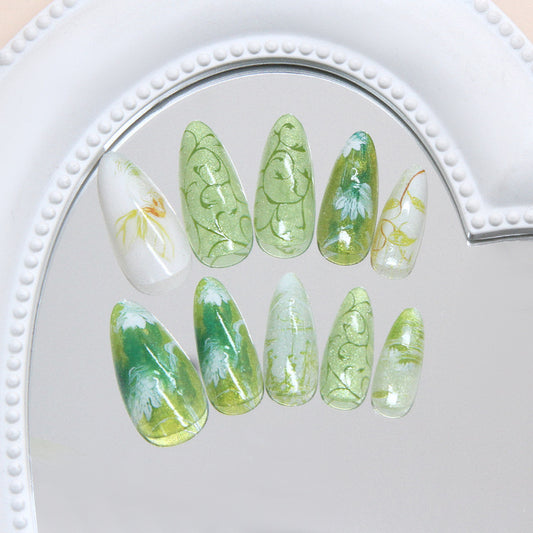 Enchanted Garden Long Almond Green Floral Press On Nail Set with Shimmering Accents