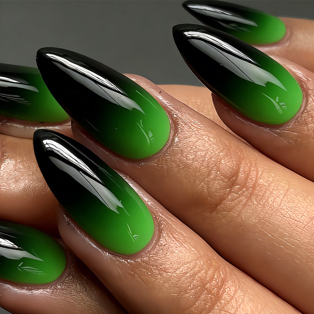 Haunted Forest Long Almond Gradient Green and Black Press On Nail Set with Glossy Finish