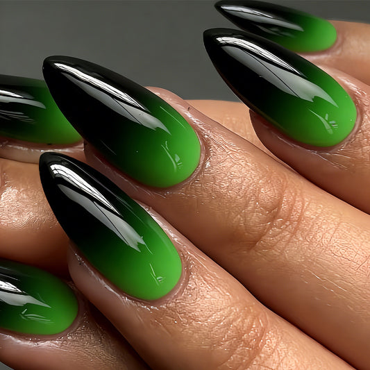 Haunted Forest Long Almond Gradient Green and Black Press On Nail Set with Glossy Finish