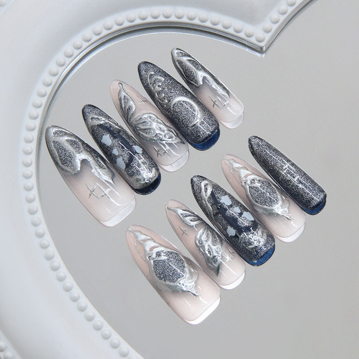 Celestial Glamour Long Stiletto Silver Ombre Press on Nail Set with Intricate Cosmic Designs